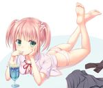  ass banned_artist barefoot butt_crack clothes_removed cup drink drinking_straw feet food green_eyes ice_cream legs long_legs looking_at_viewer lying n.g. on_stomach original panties pink_hair shiny shiny_skin short_hair skirt skirt_removed soles solo toes twintails underwear 