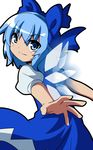  back blue_dress blue_eyes blue_hair bow cirno dress dress_shirt hair_bow highres ice ice_wings looking_back puffy_short_sleeves puffy_sleeves ribbon ryuu_(multitask) shirt short_hair short_sleeves smile solo touhou wings 