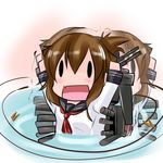  arms_up brown_hair cannon chibi folded_ponytail hair_up hoshizuki_(seigetsu) inazuma_(kantai_collection) kantai_collection long_hair neckerchief open_mouth school_uniform serafuku solo trembling water |_| 