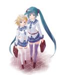  aqua_eyes aqua_hair arm_around_waist bag belt blonde_hair hatsune_miku kagamine_rin kakuno legs long_hair multiple_girls necktie satchel school_uniform skirt thighhighs twintails very_long_hair vocaloid 