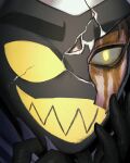  1boy adam_(hazbin_hotel) black_gloves cracked_kawaii_mask fake_teeth gloves glowing glowing_eyes grin hands_up hazbin_hotel hellaverse highres male_focus mask sharp_teeth smile solo suubang_02 teeth yellow_blood yellow_eyes 