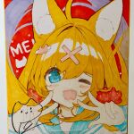  1girl ;d ahoge amamiya_mei animal_ear_fluff animal_ears blonde_hair blue_eyes blue_sailor_collar blush_stickers character_name commentary_request double_w hair_between_eyes hair_ornament hair_scrunchie highres long_sleeves looking_at_viewer mofu-mofu_after_school mofumofu_channel one_eye_closed p19 photo_(medium) puffy_long_sleeves puffy_sleeves red_scrunchie sailor_collar school_uniform scrunchie serafuku shikishi shirt signature smile solo traditional_media upper_body w white_shirt x_hair_ornament 