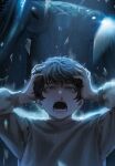  1boy aegyo_sal backlighting black_eyes black_hair blackbox_(blackbox9158) blood giant_insect glass_shards hand_on_own_head highres lee_gilyoung looking_at_viewer male_focus motion_blur nosebleed official_art omniscient_reader's_viewpoint praying_mantis screaming shirt short_hair tears third-party_source white_shirt wide-eyed 