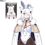  1girl absurdres adapted_costume ahoge animal_ear_fluff animal_ears black_pantyhose blaparky blush braid cape commentary_request detached_collar fake_animal_ears fox_ears fox_girl frown fur-trimmed_cape fur_trim green_eyes hair_between_eyes hair_over_one_eye highres hololive leotard long_hair looking_at_viewer necktie pantyhose photo-referenced rabbit_ears shirakami_fubuki shirakami_fubuki_(fbkingdom) sidelocks simple_background single_braid solo swept_bangs twitter_username virtual_youtuber white_background white_cape white_hair white_leotard 