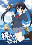  akiyama_mio black_hair blue_sky brown_eyes chibi cloud day grey_skirt hirasawa_yui jumping k-on! kotobuki_tsumugi loafers long_hair looking_at_viewer miniskirt multiple_girls nakano_azusa nekonin pantyhose shoes skirt sky tainaka_ritsu twintails very_long_hair 