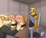 4_toes anthro arcanine arms_tied bdsm blue_fin blush bodily_fluids bondage bound buizel canid canine chair claws clothing crying_laughing cum duo ejaculation eyes_closed feet foot_fetish foot_focus foot_lick foot_play footwear fur furniture generation_1_pokemon generation_4_pokemon genital_fluids genitals hair hi_res kiwifizz laugh licking lotion_bottle male male/male mammal mask nintendo orange_body orange_fur pawpads paws pokemon pokemon_(species) restraints rope rope_bondage sandals scar shoes soles stirrup_legwear stocks team_rocket tears tickle_fetish tickle_torture tickling toe_claws toes tongue