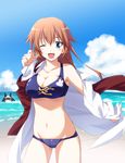 :d beach bikini bikini_under_clothes blue_eyes blush breasts brown_hair charlotte_e_yeager cleavage cloud day highres large_breasts long_hair military military_uniform miyafuji_yoshika navel number23 one_eye_closed open_clothes open_mouth open_shirt outdoors shirt silhouette_demon smile solo_focus strike_witches swimsuit swimsuit_under_clothes tankini undressing uniform world_witches_series 