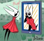 absurd_res anthro arthropod bedroom_eyes bent_legs black_body breasts claws clothing confusion dress drtuxedo duo e621 electronics eye_contact eyebrows eyelashes female female/female grass heart_eyes heart_symbol hi_res hollow_knight:_silksong hollow_knight_(franchise) hornet_(hollow_knight) humor joke kneeling looking_at_another narrowed_eyes outside phone phone_screen plains plant raised_eyebrow red_clothing red_dress seductive speech_bubble tagme team_cherry white_head