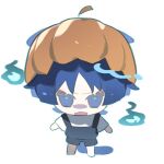  1boy a_maya_xxx animal_ears arms_at_sides black_overalls blue_eyes blue_hair blue_pupils blunt_ends casual cat_boy cat_ears cat_tail chibi contemporary eyeliner eyeshadow frown genshin_impact halloween halloween_costume hat hitodama looking_at_viewer makeup male_focus official_alternate_costume open_mouth orange_hat overalls pumpkin pumpkin_hat red_eyeliner red_eyeshadow scaramouche_(genshin_impact) shirt short_sleeves solo standing tail wanderer_(genshin_impact) white_background white_shirt white_sleeves wispy_bangs 