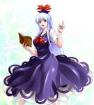  blue_hair book breasts covered_nipples hat index_finger_raised k2isu kamishirasawa_keine large_breasts long_hair navel open_book open_mouth pointing red_eyes solo standing touhou very_long_hair 