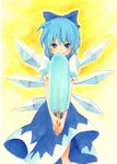  blue_eyes blue_hair bow cirno dress food grin ice popsicle smile solo tora_se_kuno touhou traditional_media wings 