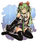  azya bad_id bad_pixiv_id bow detached_sleeves green_eyes green_hair hair_bow hatsune_miku highres long_hair necktie one_eye_closed smile solo thighhighs twintails very_long_hair vocaloid zettai_ryouiki 