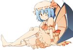  bad_id bad_pixiv_id bangs barefoot bat_wings blue_hair bob_cut bow fang feet full_body hat legs looking_at_viewer mob_cap one_eye_closed red_eyes remilia_scarlet ribbon short_sleeves simple_background sitting skirt solo toes touhou wings wrist_cuffs yasunao_(yasunao-z) 