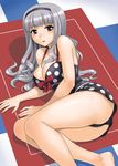  blush breasts casual_one-piece_swimsuit cleavage hairband hida_tatsuo idolmaster idolmaster_(classic) large_breasts long_hair lying one-piece_swimsuit shijou_takane silver_hair solo swimsuit thighs 