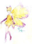  1girl bare_shoulders blonde_hair blue_eyes boots cone_hair_bun copyright_name double_bun dress elbow_gloves fairy fairy_wings final_fantasy final_fantasy_xiv gloves hair_bun pantyhose pointy_ears purple_boots purple_gloves ruka_(blueplus84) selene_(ff14) short_dress short_hair simple_background solid_eyes solo strapless strapless_dress thigh_boots white_background wings yellow_dress yellow_pantyhose yellow_wings 