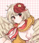  151moneco animal_on_head ascot baby_animal bird blonde_hair chick chicken highres multicolored_hair niwatari_kutaka on_head one-hour_drawing_challenge pink_background red_ascot red_eyes red_hair shirt touhou white_shirt yellow_shirt yellow_wings 