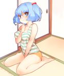  alternate_costume bad_id bad_pixiv_id barefoot between_breasts blue_eyes blue_hair breasts contemporary covered_nipples glaring hair_bobbles hair_ornament highres homua kawashiro_nitori large_breasts no_bra short_hair shorts solo tank_top tatami touhou twintails two_side_up 