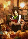  apple book bottle brown_hair candelabra food fruit glasses green_eyes miyuu original pumpkin solo vest 