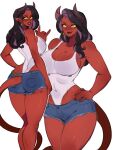 2025 big_breasts black_hair black_horn blush blush_lines bottomwear breasts butt clothing curvy_figure daisy_dukes demon demon_humanoid denim denim_bottomwear denim_clothing denim_shorts devil_horns_(gesture) dispatch ear_piercing eyebrows eyelashes female front_view gesture hair hand_gesture hand_on_hip hi_res horn hotpants hourglass_figure humanoid kyopink leotard long_eyelashes malevola_(dispatch) multiple_poses not_furry piercing portrait pose red_body red_skin shorts side_boob simple_background smile solo three-quarter_portrait three-quarter_view white_background yellow_sclera