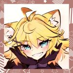  ahoge animal_ear_fluff animal_ears black_gloves black_jacket blonde_hair blue_eyes blush border cat_ears dokibird dokibird_(bounty_hunter) double-parted_bangs feather_hair gloves graviton_beam_emitter grin hair_flaps hair_ornament hair_ribbon hands_on_own_cheeks hands_on_own_chin hands_on_own_face hashtag-only_commentary highres indie_virtual_youtuber jacket kemonomimi_mode ribbon smile troubleshooter_bun virtual_youtuber x_hair_ornament 