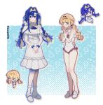  >_< :/ absurdres alternate_costume bare_arms bare_legs blonde_hair blue_background blue_eyes blue_hair blue_scrunchie blush braid braided_bangs chibi chibi_inset closed_mouth clothing_cutout colored_inner_hair dress embarrassed frilled_one-piece_swimsuit frills full_body hair_ornament highres kiperina long_hair looking_at_viewer low_twin_braids low_twintails mossi_(mossi0816) multicolored_hair one-piece_swimsuit own_hands_together puffy_short_sleeves puffy_sleeves reverse:1999 scrunchie short_dress short_sleeves side_cutout slippers smile socks standing star_(symbol) star_hair_ornament swimsuit twin_braids twintails voyager_(reverse:1999) white_dress white_one-piece_swimsuit white_slippers white_socks wrist_scrunchie 