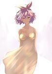  alternate_costume arms_behind_back bare_shoulders bow dress hair_bow hairband highres ishikkoro off_shoulder purple_eyes purple_hair see-through short_hair smile solo strap_slip touhou wind yasaka_kanako 