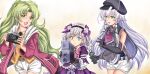 3girls altina_orion braid camera crown_braid dress eiyuu_densetsu falcom gothic_lolita green_hair hair_between_eyes hair_ornament hairband hairclip highres holding holding_camera kea_(eiyuu_densetsu) kea_(sept_terrion_of_zero) lapis_rosenberg lolita_fashion lolita_hairband long_hair multiple_girls purple_dress sen_no_kiseki_(series) white_hair you_george24 