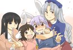  animal_ears bad_id bad_pixiv_id black_hair blue_eyes blush braid brown_eyes bunny_ears carrot cherry_blossoms houraisan_kaguya inaba_tewi jewelry koyama_shigeru lavender_hair long_hair multiple_girls open_mouth pendant petals reisen_udongein_inaba short_hair silver_hair single_braid smile touhou v yagokoro_eirin 