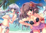  absurdres beach bikini blush breasts cleavage day floral_print flower flower_bracelet food front-tie_top hair_flower hair_ornament hibiscus highres izumi_tsubasu medium_breasts multiple_girls one_eye_closed original palm_tree plumeria popsicle print_sarong purple_sarong sarong scan scan_artifacts side-tie_bikini swimsuit tree twintails 