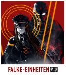  1girl 1other absurdres android black_coat black_jacket blue_eyes coat collared_shirt derivative_work falke_(signalis) gas_mask glasses gun hat helmet highres holding holding_gun holding_weapon jacket mask necktie peaked_cap redrawn reichsadler shirt signalis suit upper_body user_dpsf5844 weapon white_shirt 