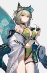  1girl amiya_(arknights) animal_ear_fluff animal_ears arknights armpit_crease breasts closed_mouth coat covered_navel doctor_(arknights) green_eyes green_one-piece_swimsuit grey_hair hair_between_eyes hand_up highres holding holding_removed_eyewear kal'tsit_(arknights) kumatangent looking_at_viewer material_growth medium_breasts mon3tr_(arknights) mon3tr_(summon)_(arknights) off_shoulder one-piece_swimsuit oripathy_lesion_(arknights) picture_frame rhodes_island_logo_(arknights) short_hair solo standing sunglasses surfboard swimsuit thigh_strap unworn_eyewear white_coat 