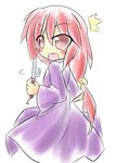  1girl blush chibi japanese_clothes jitte kotohime long_hair looking_back open_mouth ponytail red_eyes red_hair senba_chidori simple_background solo touhou touhou_(pc-98) weapon 