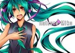  angry bad_id bad_pixiv_id detached_sleeves green_hair hair_ornament hair_ribbon hatsune_miku highres kirishino long_hair necktie open_mouth red_eyes ribbon solo twintails upper_body very_long_hair vocaloid 