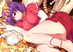  anklet ass barefoot breasts fetal_position jewelry large_breasts leaf legs long_legs lying on_side purple_hair red_eyes sen_no_hito. short_hair solo touhou yasaka_kanako 