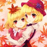  aki_minoriko aki_shizuha bad_id bad_pixiv_id blonde_hair choker food frown fruit grapes hair_ornament hairband hat hug leaf leaf_hair_ornament lips looking_at_viewer multiple_girls nunucco red_eyes short_hair smile touhou 