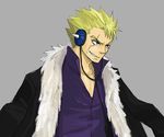  bad_id bad_pixiv_id blonde_hair blue_eyes cloak fairy_tail fur_trim ginger_(niningasi) headphones laxus_dreyar male_focus scar shirt simple_background smirk solo 