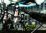  belt bikini_top black_gold_saw black_hair black_legwear black_rock_shooter black_rock_shooter_(character) blue_eyes blue_fire boots bow breasts burning_eye capri_pants chain cleavage dead_master dress fire front-tie_top gloves glowing green_eyes high_collar hood hoodie horns king_saw long_hair long_sleeves mechanical_arm morina_nao multiple_girls navel orange_hair pants scar scythe short_hair short_shorts shorts skull sleeveless sleeveless_hoodie small_breasts star strength_(black_rock_shooter) sword thighhighs twintails unzipped weapon white_hair wings yellow_eyes zettai_ryouiki 