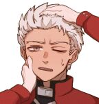  1boy 1girl archer_(fate) cheek_pinching commentary_request dark-skinned_male dark_skin fate/stay_night fate_(series) female_pov film_grain grey_eyes headpat highres ohmoto_9 one_eye_closed open_mouth pinching pov pov_hands sweatdrop tohsaka_rin white_hair 