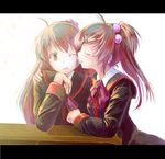  bad_id bad_pixiv_id bow brown_hair closed_eyes futaki_kanata kiss letterboxed little_busters! long_hair multiple_girls one_eye_closed pink_bow red_eyes saigusa_haruka school_uniform side_ponytail yae_(mono110) yuri 