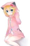  absurdres animal_ears bad_id bad_pixiv_id blonde_hair blue_eyes bow cat_ears hair_ornament hairclip heart highres hood hoodie kagamine_rin lowleg lowleg_panties mizuki_(koko_lost) navel panties solo sweater tongue underwear vocaloid zipper 