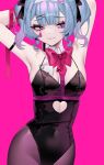  1girl ace_(playing_card) aegyo_sal armlet arms_behind_head arms_up bare_shoulders bebe_(bebe_pp) black_armlet black_leotard black_ribbon blue_eyes bow bowtie breasts card cleavage closed_mouth clothing_cutout covered_navel cowboy_shot cutout_above_navel detached_collar fishnet_pantyhose fishnets gradient_hair hair_ornament hair_ribbon hatsune_miku heart_cutout highres jewelry leotard looking_to_the_side medium_breasts multicolored_hair pantyhose pink_background pink_hair pink_pupils playboy_bunny playing_card pole rabbit_hole_(vocaloid) red_bow red_bowtie ribbon simple_background smile solo stomach_cutout stripper_pole teardrop_facial_mark twintails twitter_username vocaloid x_hair_ornament 