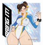  1girl beckoning blush bracelet breasts brown_eyes brown_hair celebelian chun-li covered_navel cropped_jacket cropped_legs double_bun earrings hair_bun hair_ribbon hand_on_own_hip highres jewelry leotard nail_polish outside_border ribbon solo spiked_bracelet spikes street_fighter thick_thighs thighs wide_hips yellow_ribbon 