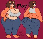 2025 anthro big_breasts big_butt blue_eyes bottomwear breasts brown_hair butt canid canine canis clothed clothing denim denim_bottomwear denim_clothing digital_media_(artwork) domestic_dog female fur hair hi_res huge_breasts huge_butt isaiahtse jeans looking_at_viewer looking_back mammal may_(isaiahtse) nipple_outline open_mouth pants rear_view shirt smile solo tail tank_top teeth thick_thighs topwear wide_hips
