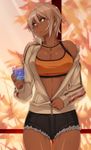  23_(real_xxiii) breasts cleavage cropped dark_skin drink glass highres jacket jewelry jpeg_artifacts large_breasts midriff necklace non-web_source original short_hair short_shorts shorts solo sports_bra tree unzipped unzipping window yellow_eyes 