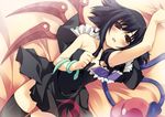  amanooni_touri asymmetrical_wings bad_id bad_pixiv_id bare_shoulders black_hair black_legwear dress houjuu_nue lying off_shoulder on_back red_eyes short_hair snake solo tears thighhighs touhou ufo wings zettai_ryouiki 