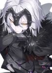  1girl armor armored_dress black_cloak black_dress black_thighhighs breasts chain cloak collar dress fate/grand_order fate_(series) faulds fur-trimmed_cloak fur_trim gauntlets grey_hair headpiece highres jeanne_d'arc_alter_(avenger)_(fate) jeanne_d'arc_alter_(fate) large_breasts metal_collar plackart ri_o_ne_su short_hair solo sword thighhighs weapon yellow_eyes 