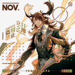  1boy animal_ear_piercing animal_ears antlers arknights ascot belt black_ascot black_belt black_jacket black_vest bow bowtie brooch chinese_commentary closed_mouth commentary_request cowboy_shot curtained_hair czerny_(arknights) deer_antlers deer_boy deer_ears earrings flipped_hair green_eyes highres holding holding_shield holding_wand horns infection_monitor_(arknights) jacket jewelry lapel_pin lapels li_ri_zhi_ze long_hair long_sleeves looking_at_viewer male_focus mole mole_under_mouth monocle orange_hair pants parted_bangs peaked_lapels piano_keys popped_collar sample_watermark sash shield shirt sideways_glance simple_background solo standing suit_jacket too_many_watermarks vest waist_bow wand watermark white_background white_bow white_bowtie white_pants white_shirt yellow_bow yellow_sash 