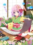  bob_cut calla_lily calligraphy_brush dinyc flower hair_flower hair_ornament hieda_no_akyuu highres japanese_clothes origami paintbrush paper paper_crane plant potted_plant purple_eyes purple_hair scroll seiza short_hair sitting smile solo touhou wind_chime 