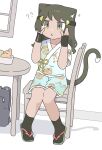  1girl absurdres animal_ears backpack bag bakery cat_ears cat_tail chair commission commissioner_upload confused croissant exasperation fingerless_gloves food gloves green_eyes green_hair green_sandals highres japanese_clothes jinbei_(clothes) on_chair original pokemon pokemon_sv ragcats rhea_(stryker324) rid0922 sandals shop skeb_commission socks tail 