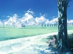  black_hair building cloud day dress grass hat hat_removed headwear_removed isou_nagi leg_hug long_hair original outdoors power_lines road sandals scenery sitting sky solo tree under_tree 